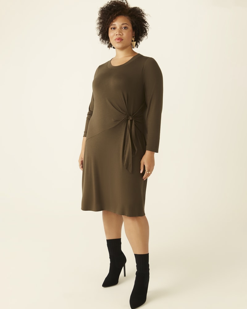 Front of a model wearing a plus size Valarie Side-Knot Dress in Olive Green by East Adeline. | dia_product_style_image_id:273853